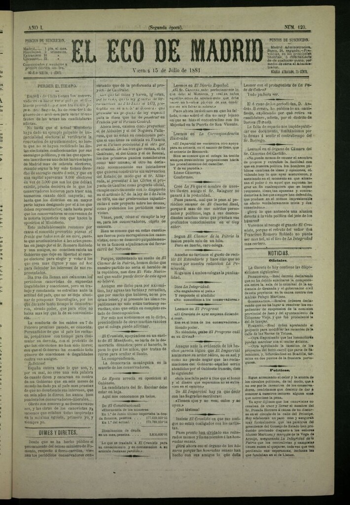 Miniatura de El Eco de Madrid : diario político de la tarde del 15 de julio de 1881, nº 120