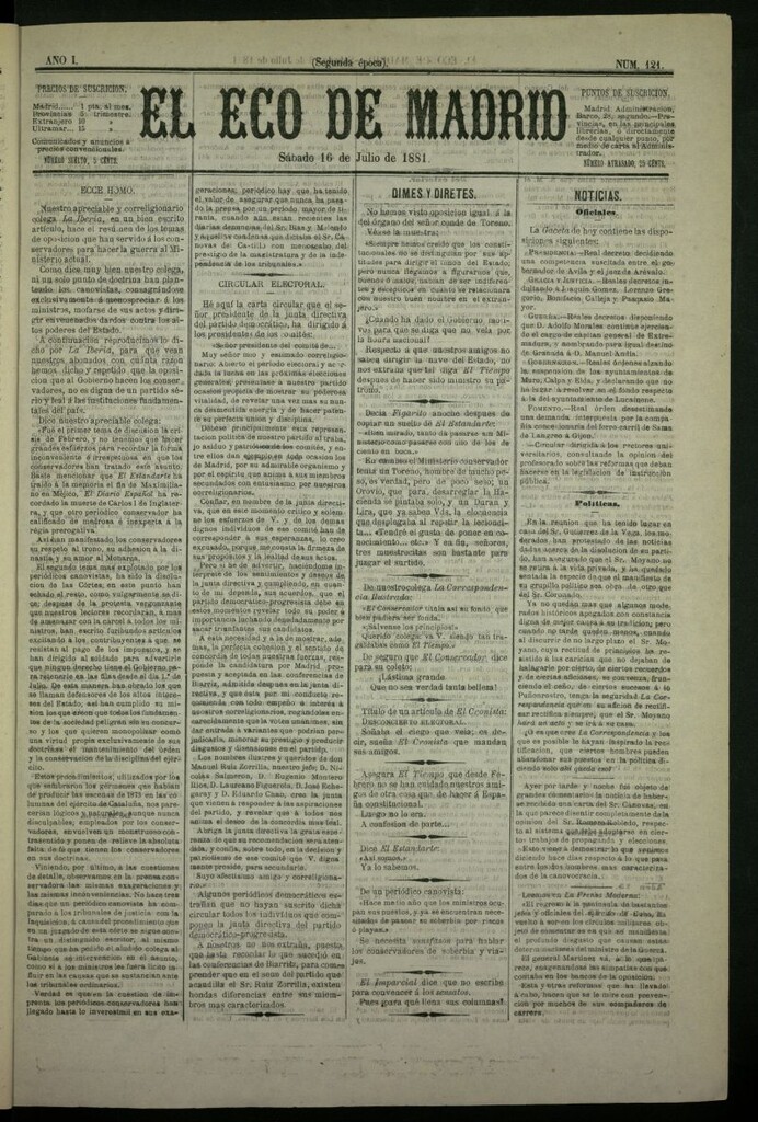 Miniatura de El Eco de Madrid : diario político de la tarde del 16 de julio de 1881, nº 121