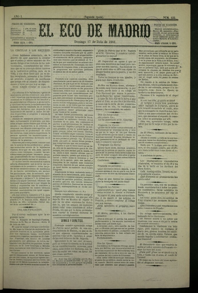 Miniatura de El Eco de Madrid : diario político de la tarde del 17 de julio de 1881, nº 122