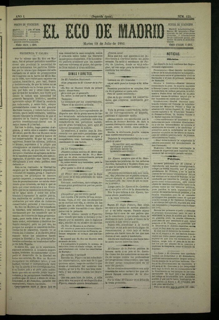 Miniatura de El Eco de Madrid : diario político de la tarde del 19 de julio de 1881, nº 123