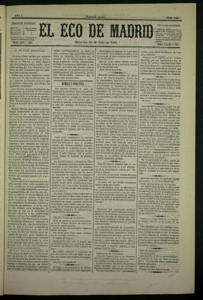 Miniatura de El Eco de Madrid : diario político de la tarde del 20 de julio de 1881, nº 124