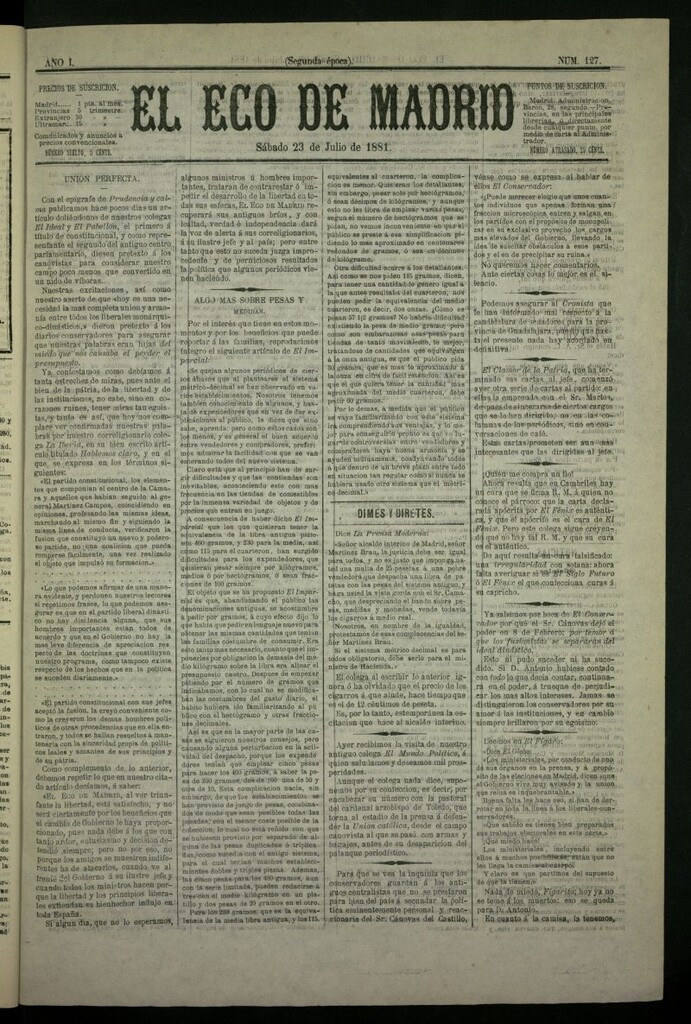 Miniatura de El Eco de Madrid : diario político de la tarde del 23 de julio de 1881, nº 127