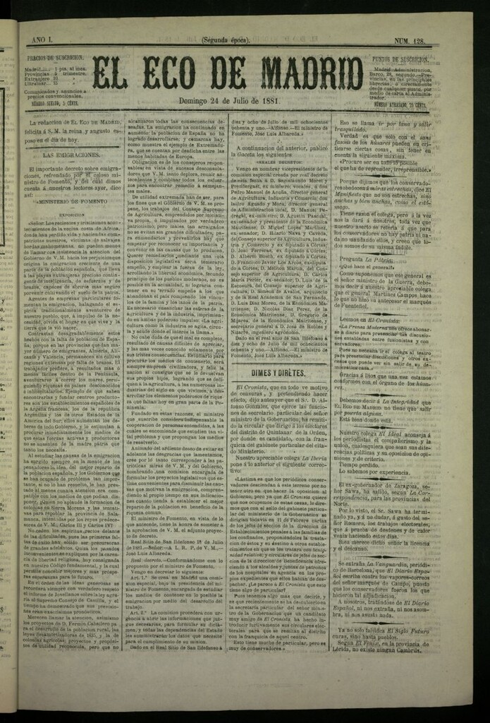 Miniatura de El Eco de Madrid : diario político de la tarde del 24 de julio de 1881, nº 128