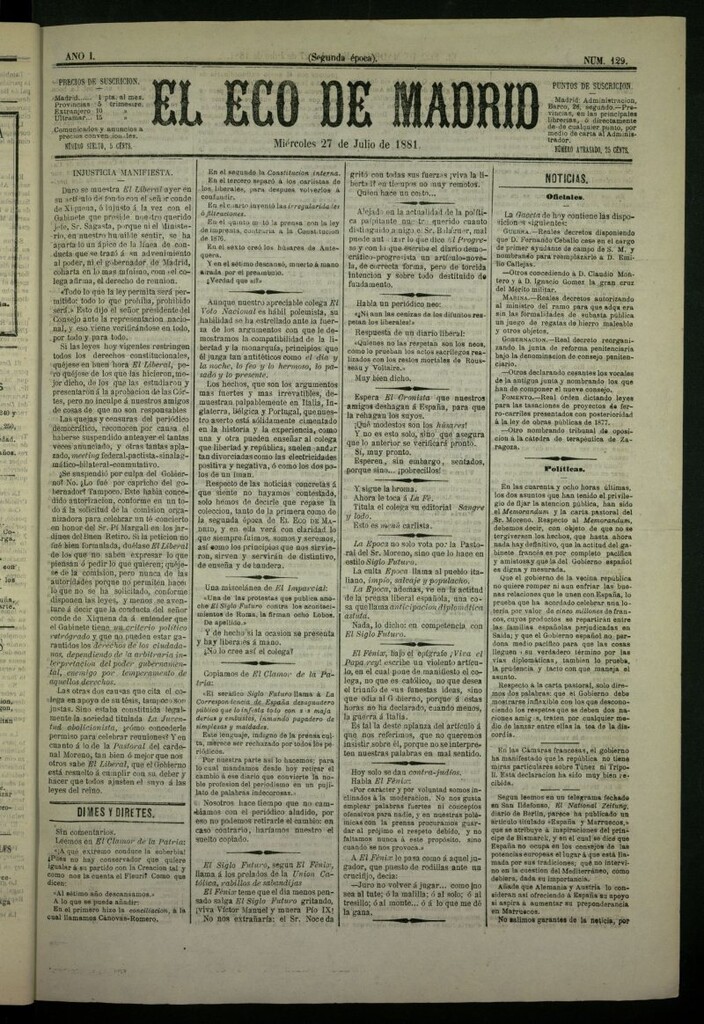 Miniatura de El Eco de Madrid : diario político de la tarde del 27 de julio de 1881, nº 129