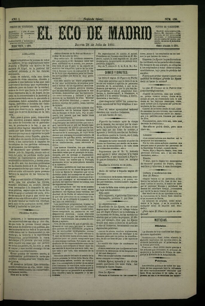 Miniatura de El Eco de Madrid : diario político de la tarde del 28 de julio de 1881, nº 130