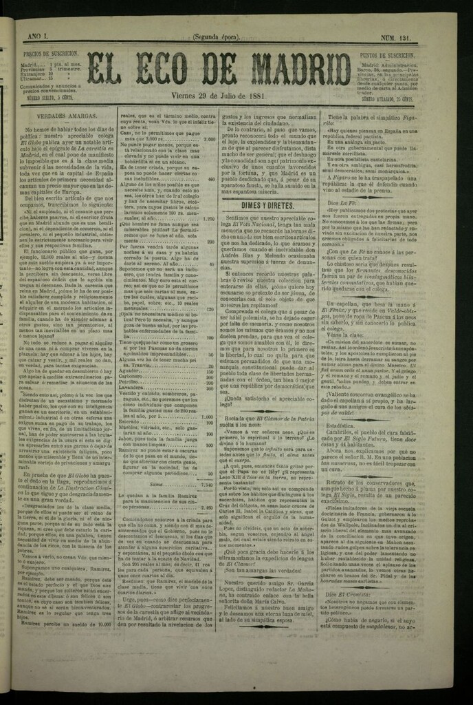 Miniatura de El Eco de Madrid : diario político de la tarde del 29 de julio de 1881, nº 131
