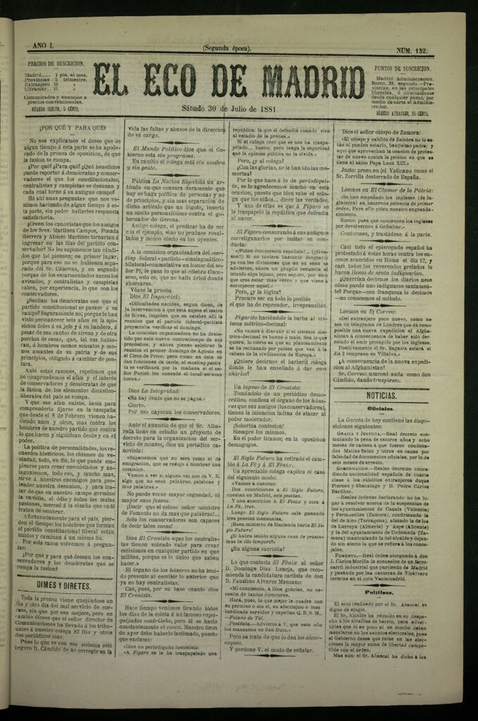 Miniatura de El Eco de Madrid : diario político de la tarde del 30 de julio de 1881, nº 132