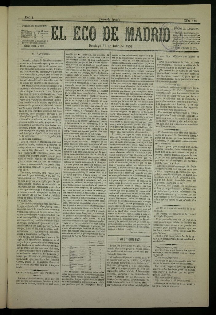 Miniatura de El Eco de Madrid : diario político de la tarde del 31 de julio de 1881, nº 133