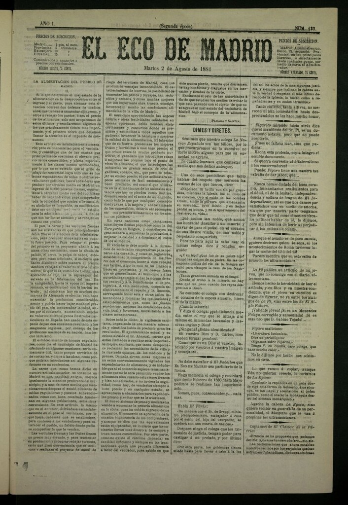 Miniatura de El Eco de Madrid : diario político de la tarde del 2 de agosto de 1881, nº 134