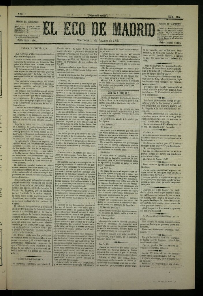 Miniatura de El Eco de Madrid : diario político de la tarde del 3 de agosto de 1881, nº 135