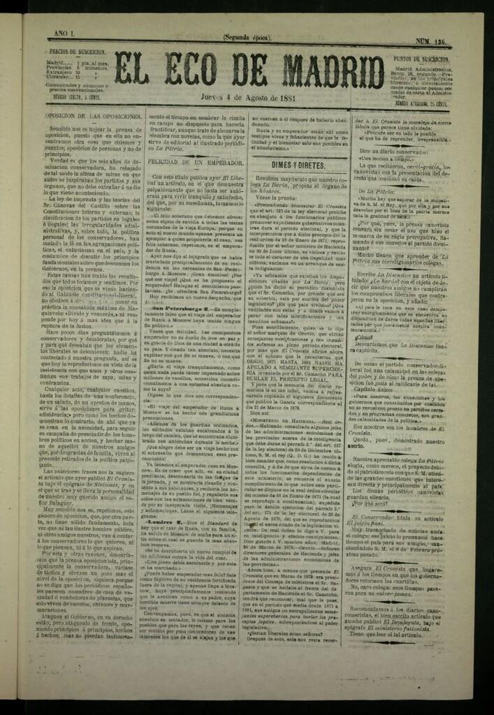 Miniatura de El Eco de Madrid : diario político de la tarde del 4 de agosto de 1881, nº 136