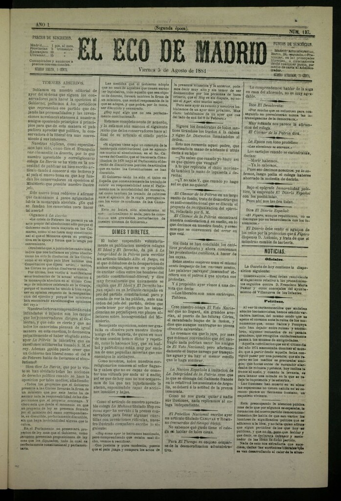 Miniatura de El Eco de Madrid : diario político de la tarde del 5 de agosto de 1881, nº 137