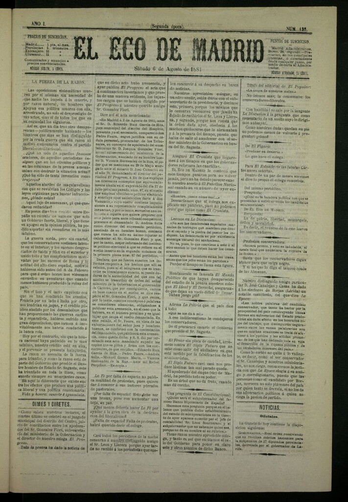 Miniatura de El Eco de Madrid : diario político de la tarde del 6 de agosto de 1881, nº 138