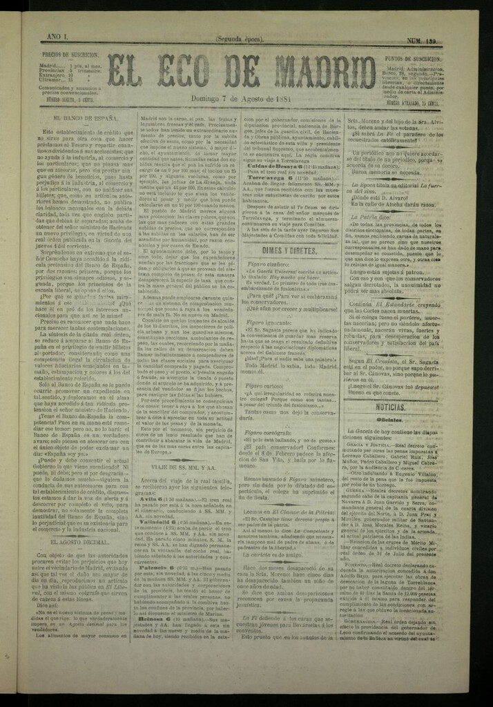 Miniatura de El Eco de Madrid : diario político de la tarde del 7 de agosto de 1881, nº 139