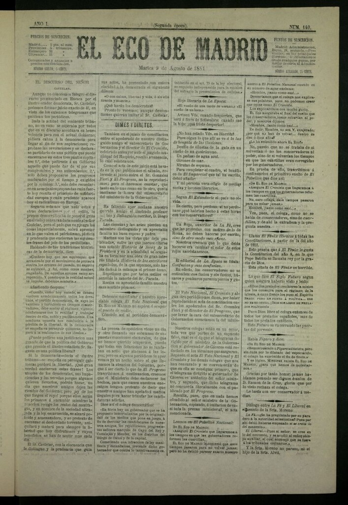 Miniatura de El Eco de Madrid : diario político de la tarde del 9 de agosto de 1881, nº 140