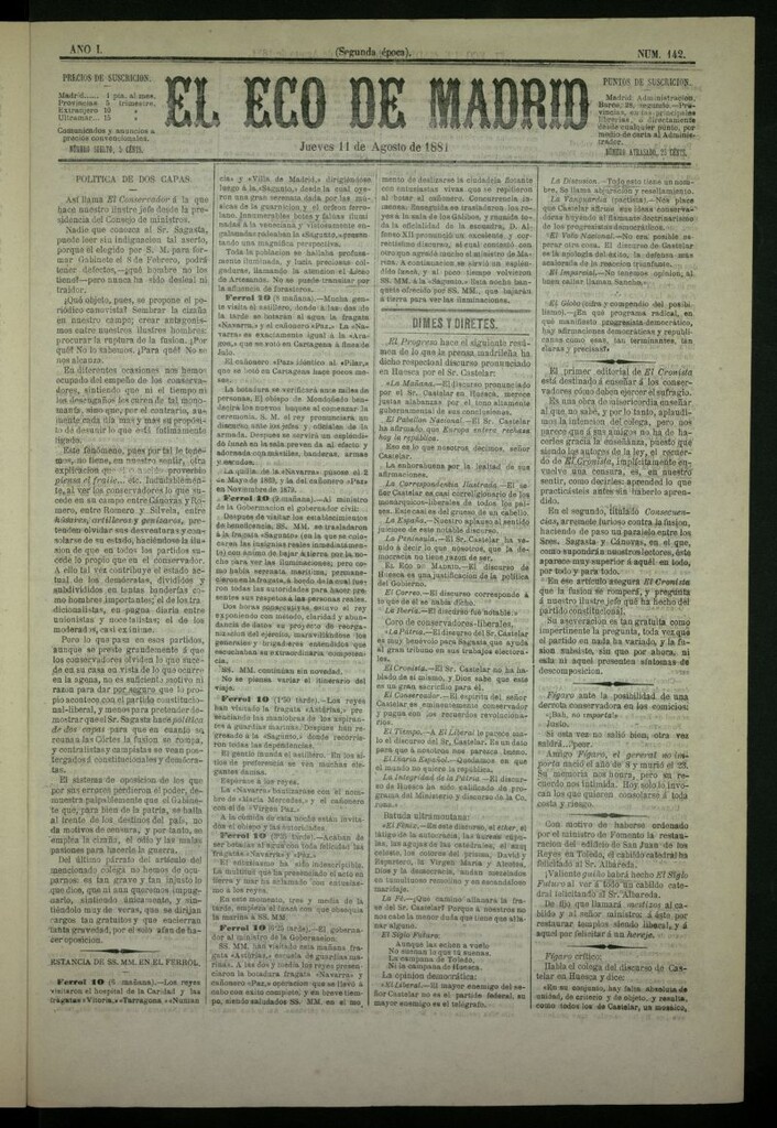 Miniatura de El Eco de Madrid : diario político de la tarde del 11 de agosto de 1881, nº 142