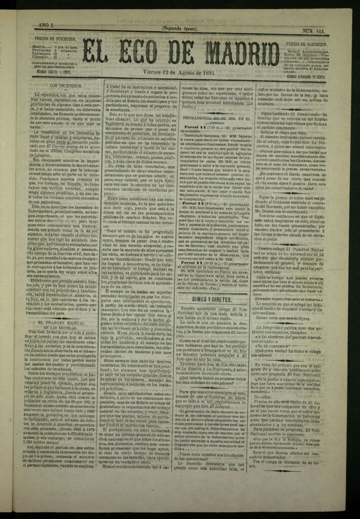 Miniatura de El Eco de Madrid : diario político de la tarde del 12 de agosto de 1881, nº 143