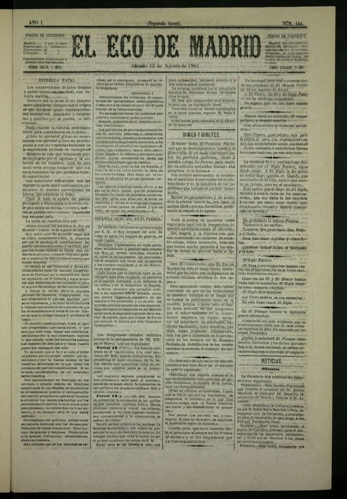 Miniatura de El Eco de Madrid : diario político de la tarde del 13 de agosto de 1881, nº 144