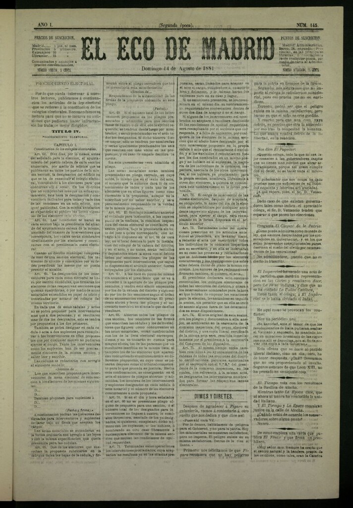 Miniatura de El Eco de Madrid : diario político de la tarde del 14 de agosto de 1881, nº 145