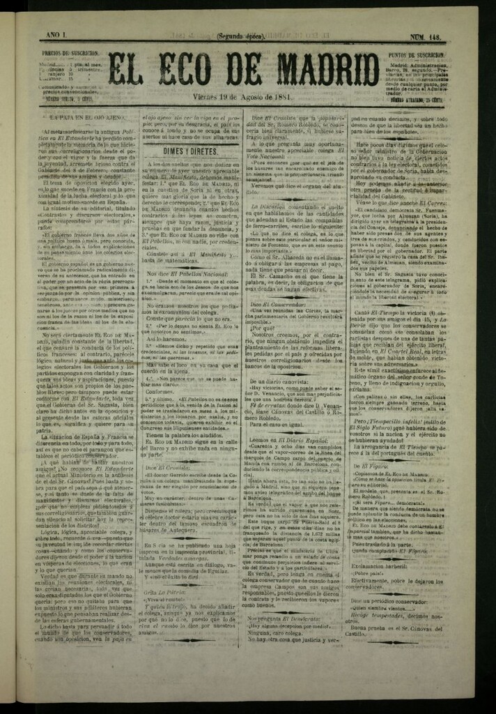 Miniatura de El Eco de Madrid : diario político de la tarde del 19 de agosto de 1881, nº 148