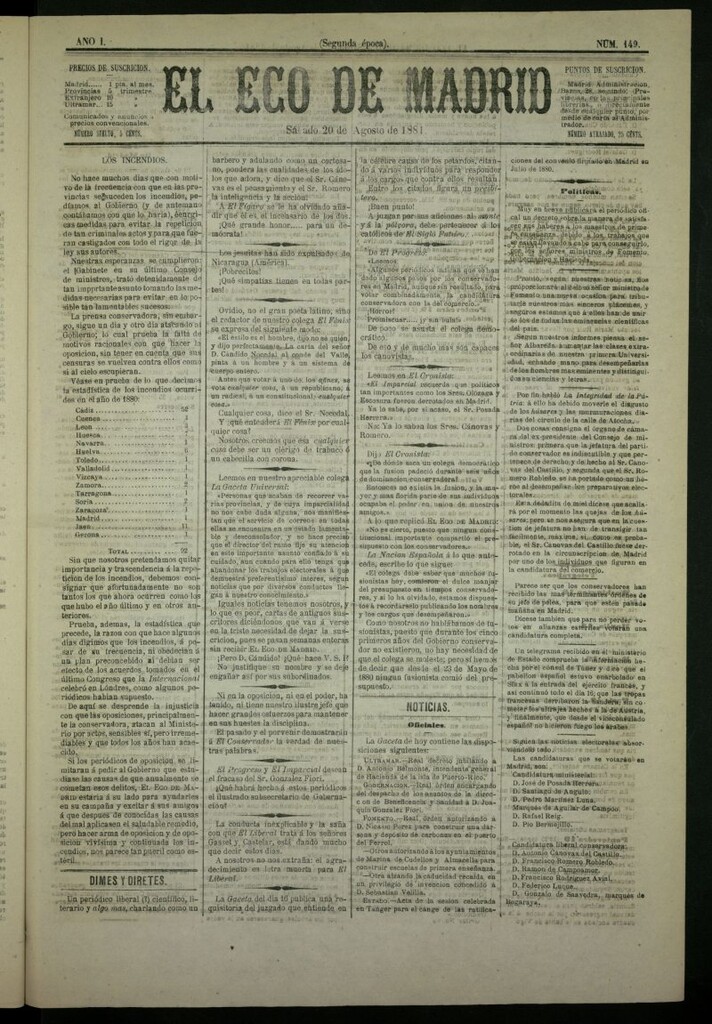 Miniatura de El Eco de Madrid : diario político de la tarde del 20 de agosto de 1881, nº 149