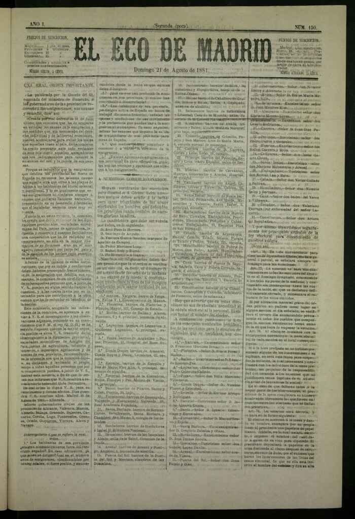 Miniatura de El Eco de Madrid : diario político de la tarde del 21 de agosto de 1881, nº 150