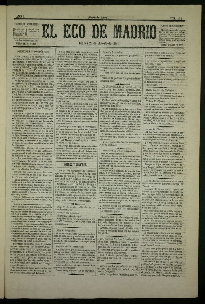 Miniatura de El Eco de Madrid : diario político de la tarde del 25 de agosto de 1881, nº 153