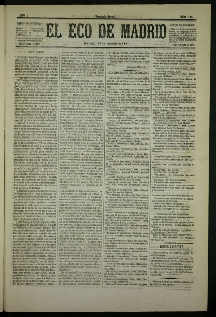 Miniatura de El Eco de Madrid : diario político de la tarde del 28 de agosto de 1881, nº 156