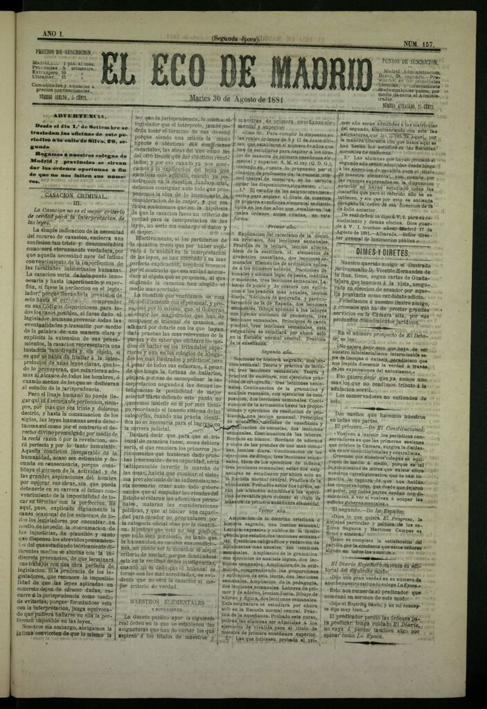 Miniatura de El Eco de Madrid : diario político de la tarde del 30 de agosto de 1881, nº 157