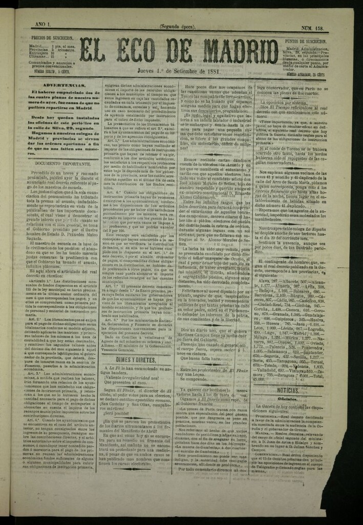 Miniatura de El Eco de Madrid : diario político de la tarde del 1 de septiembre de 1881, nº 158