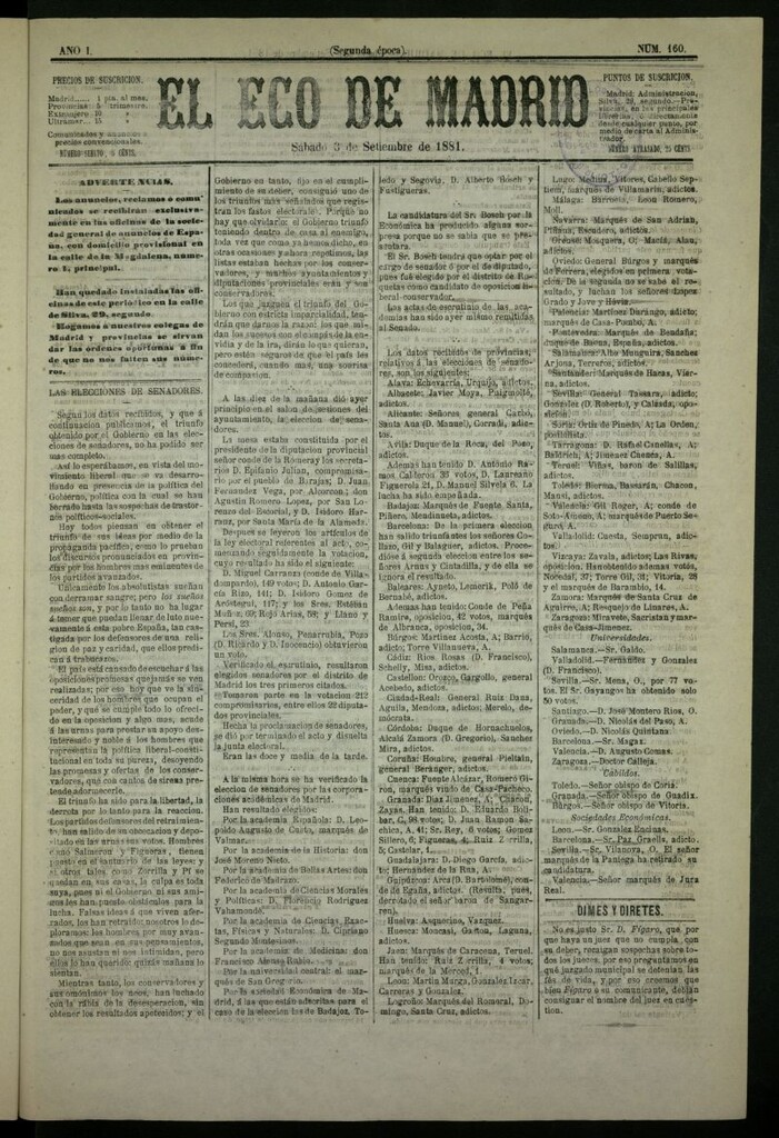 Miniatura de El Eco de Madrid : diario político de la tarde del 3 de septiembre de 1881, nº 160