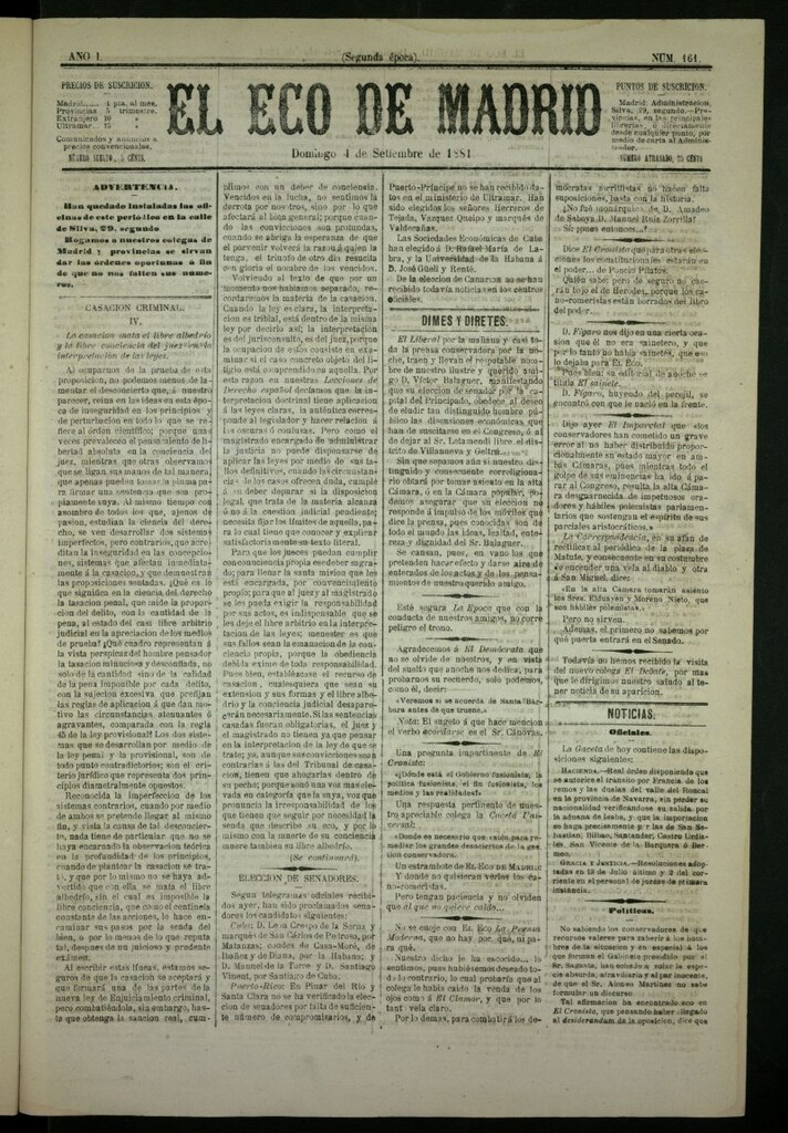 Miniatura de El Eco de Madrid : diario político de la tarde del 4 de septiembre de 1881, nº 161
