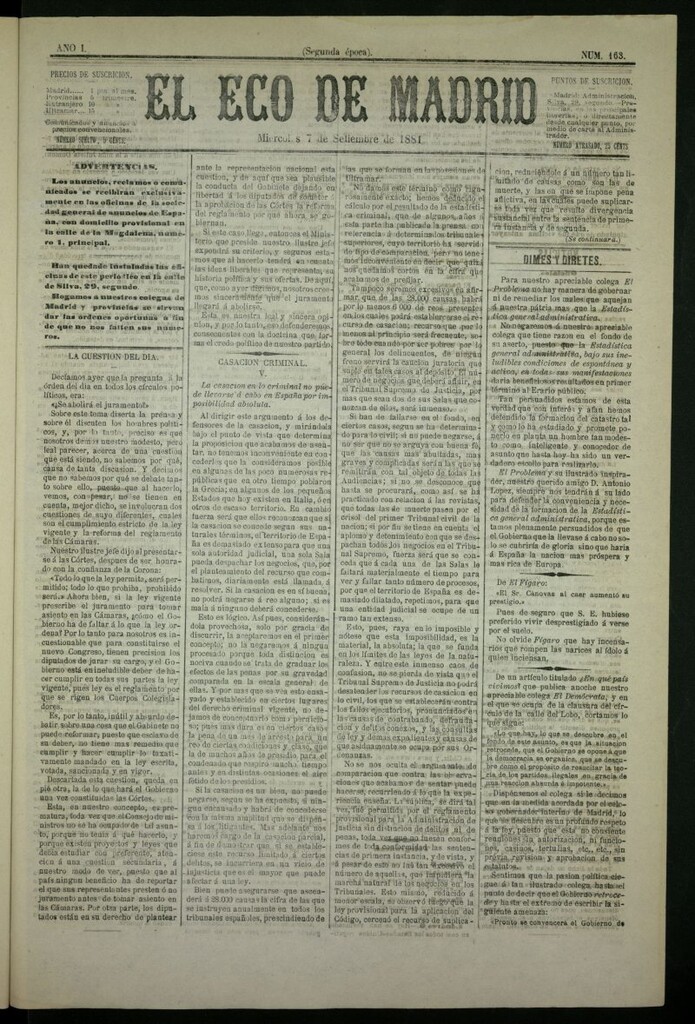 Miniatura de El Eco de Madrid : diario político de la tarde del 7 de septiembre de 1881, nº 163