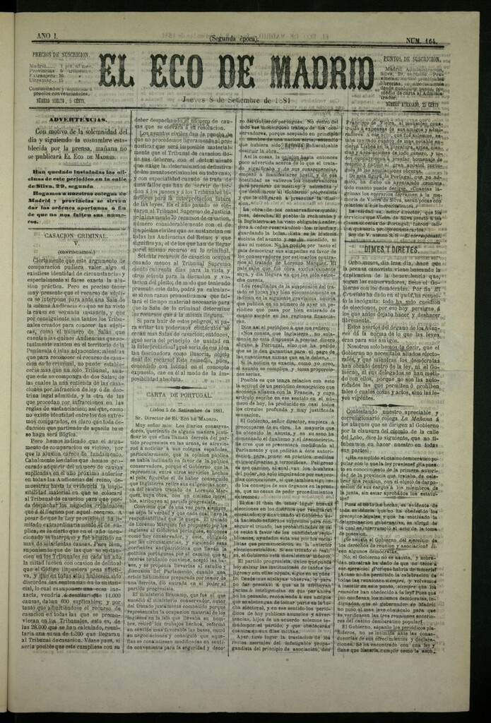 Miniatura de El Eco de Madrid : diario político de la tarde del 8 de septiembre de 1881, nº 164