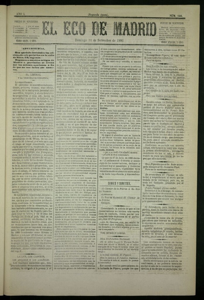Miniatura de El Eco de Madrid : diario político de la tarde del 11 de septiembre de 1881, nº 166