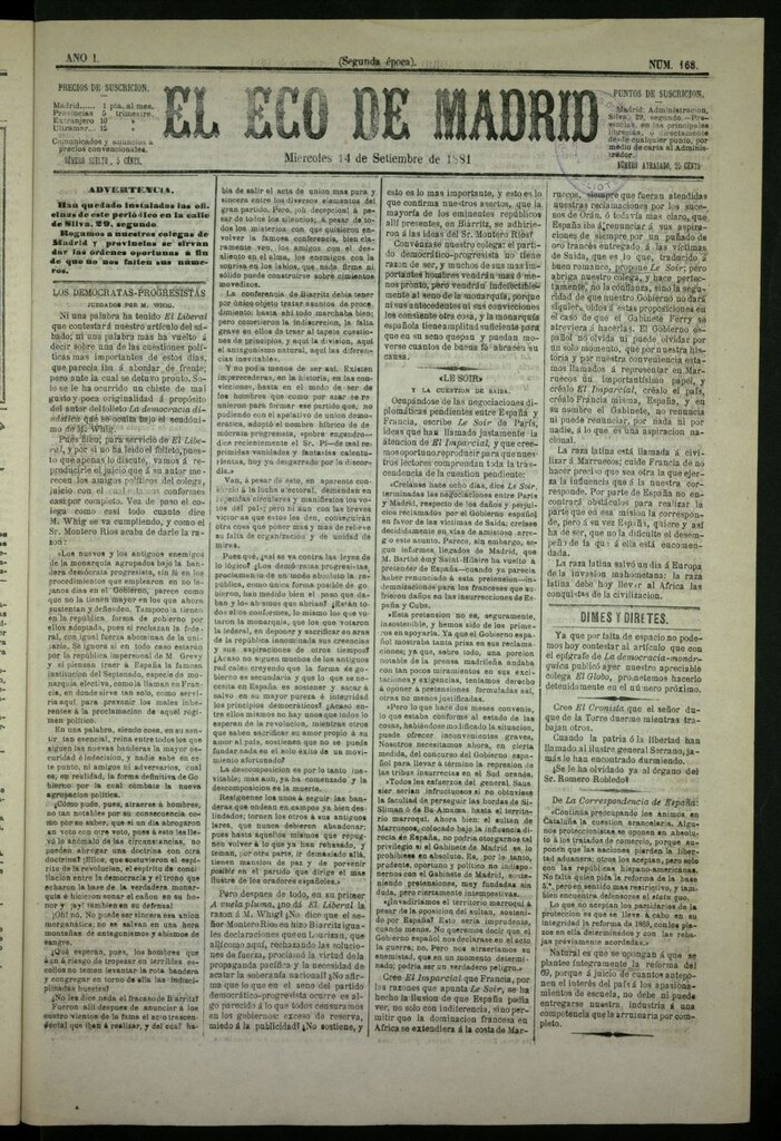 Miniatura de El Eco de Madrid : diario político de la tarde del 14 de septiembre de 1881, nº 168