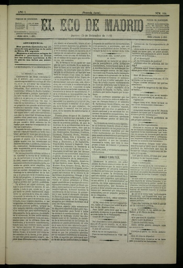 Miniatura de El Eco de Madrid : diario político de la tarde del 15 de septiembre de 1881, nº 169