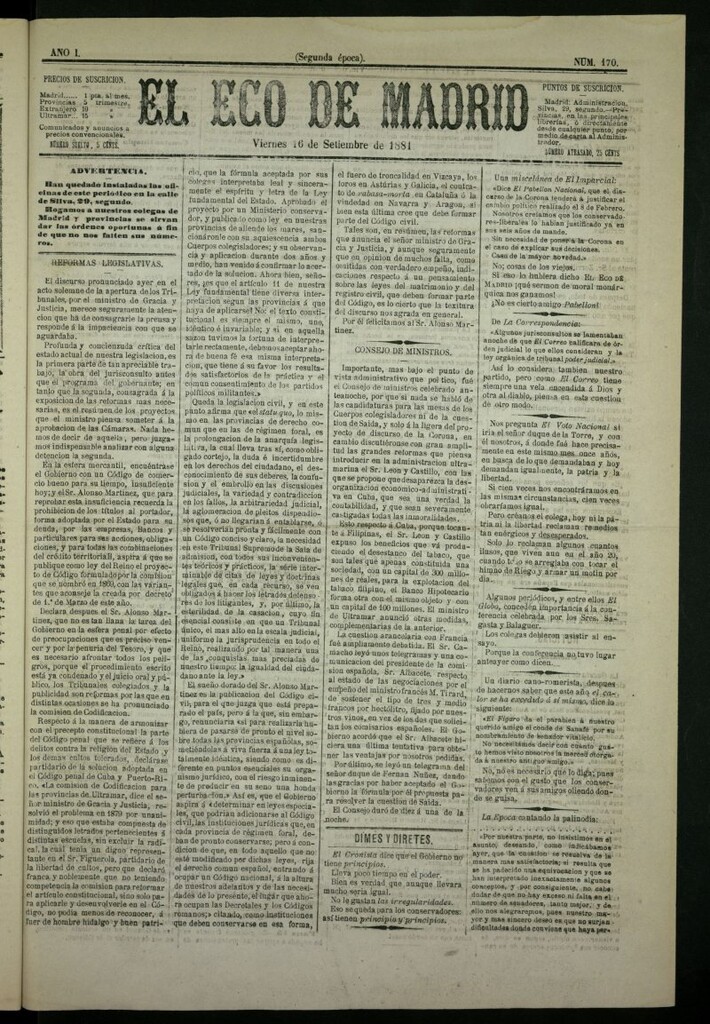 Miniatura de El Eco de Madrid : diario político de la tarde del 16 de septiembre de 1881, nº 170