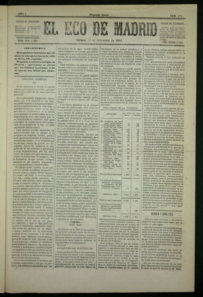 Miniatura de El Eco de Madrid : diario político de la tarde del 17 de septiembre de 1881, nº 171