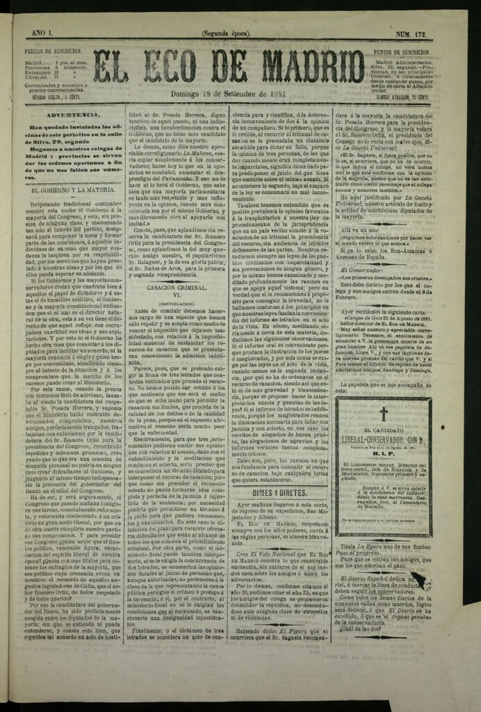 Miniatura de El Eco de Madrid : diario político de la tarde del 18 de septiembre de 1881, nº 172