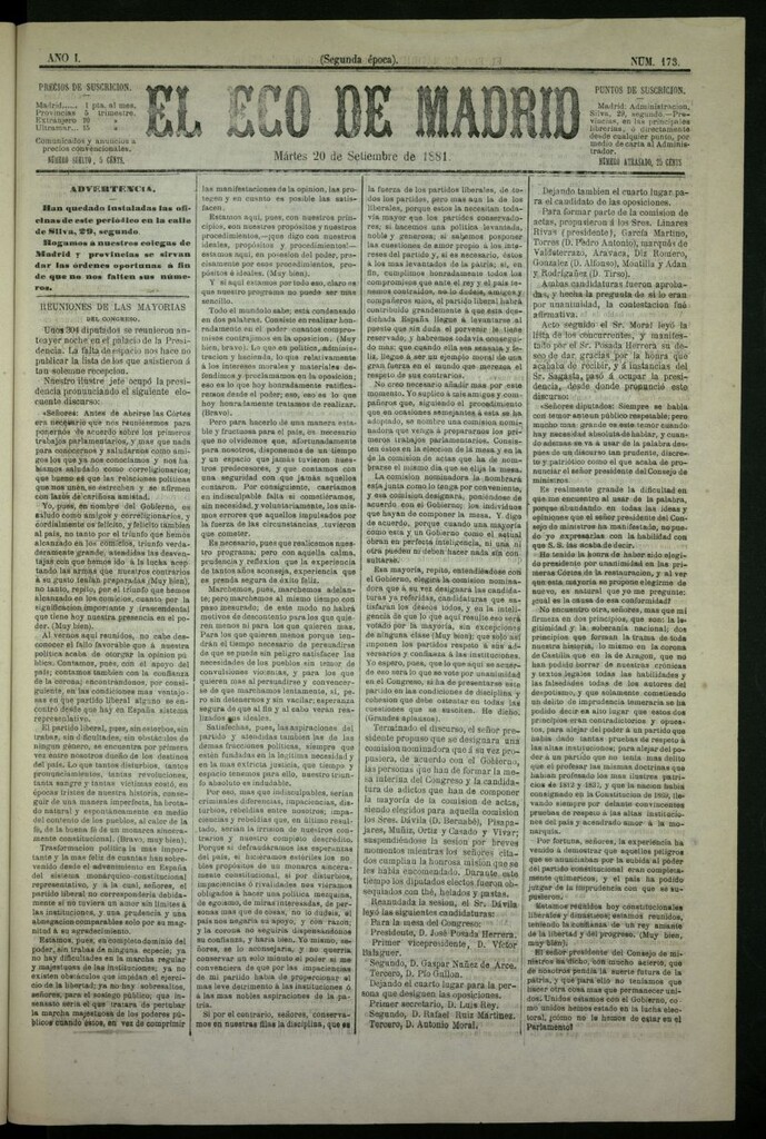 Miniatura de El Eco de Madrid : diario político de la tarde del 20 de septiembre de 1881, nº 173