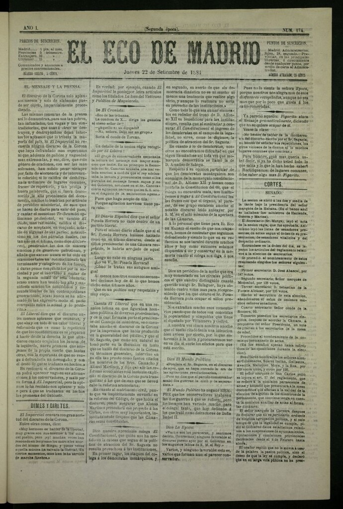 Miniatura de El Eco de Madrid : diario político de la tarde del 22 de septiembre de 1881, nº 174