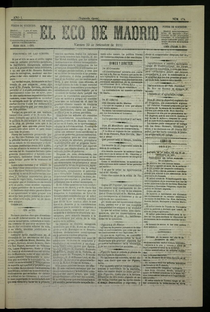 Miniatura de El Eco de Madrid : diario político de la tarde del 23 de septiembre de 1881, nº 174 [sic]