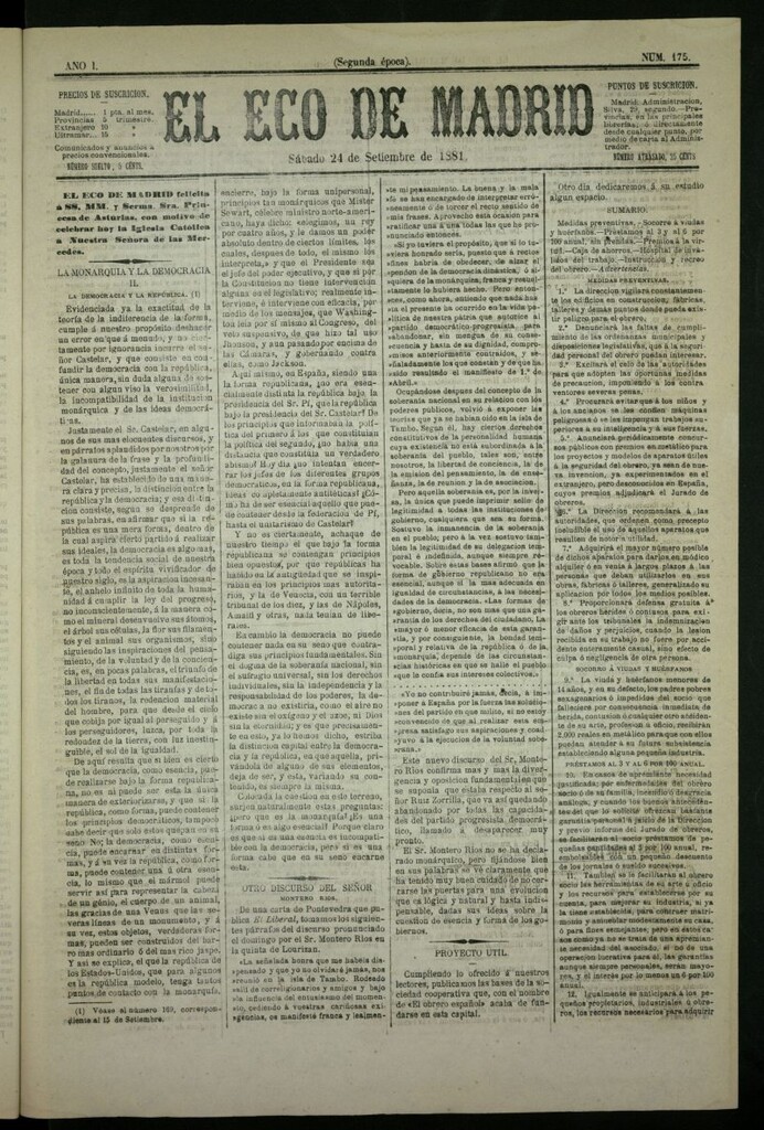 Miniatura de El Eco de Madrid : diario político de la tarde del 24 de septiembre de 1881, nº 175