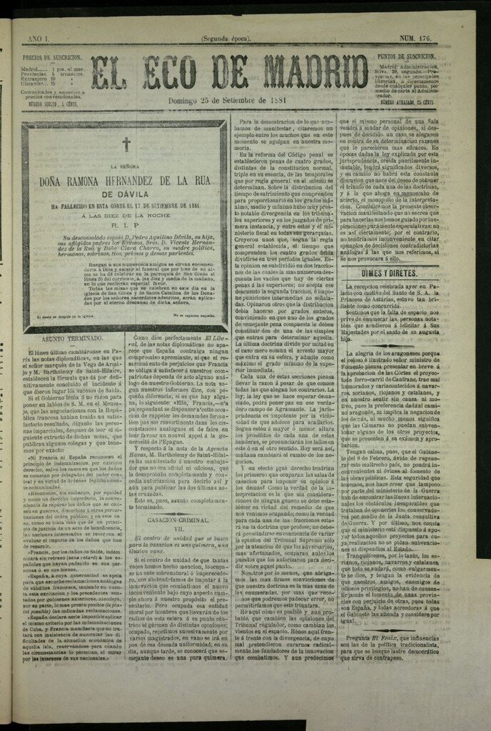 Miniatura de El Eco de Madrid : diario político de la tarde del 25 de septiembre de 1881, nº 176