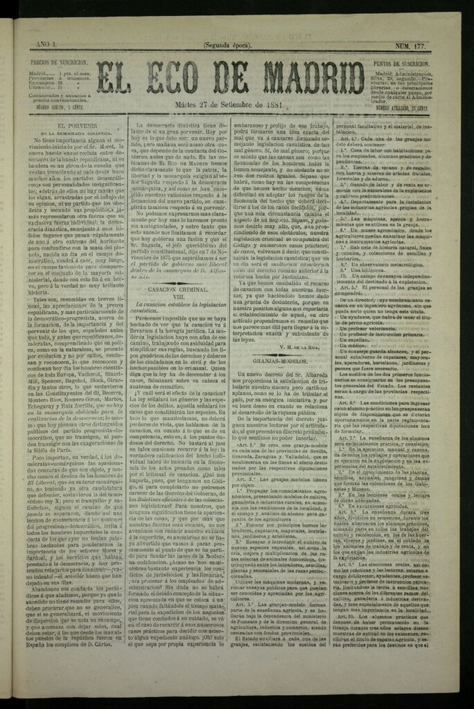 Miniatura de El Eco de Madrid : diario político de la tarde del 27 de septiembre de 1881, nº 177