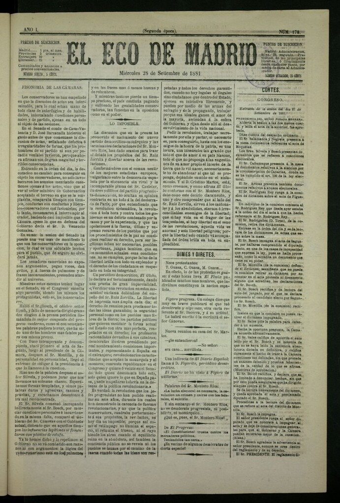 Miniatura de El Eco de Madrid : diario político de la tarde del 28 de septiembre de 1881, nº 178