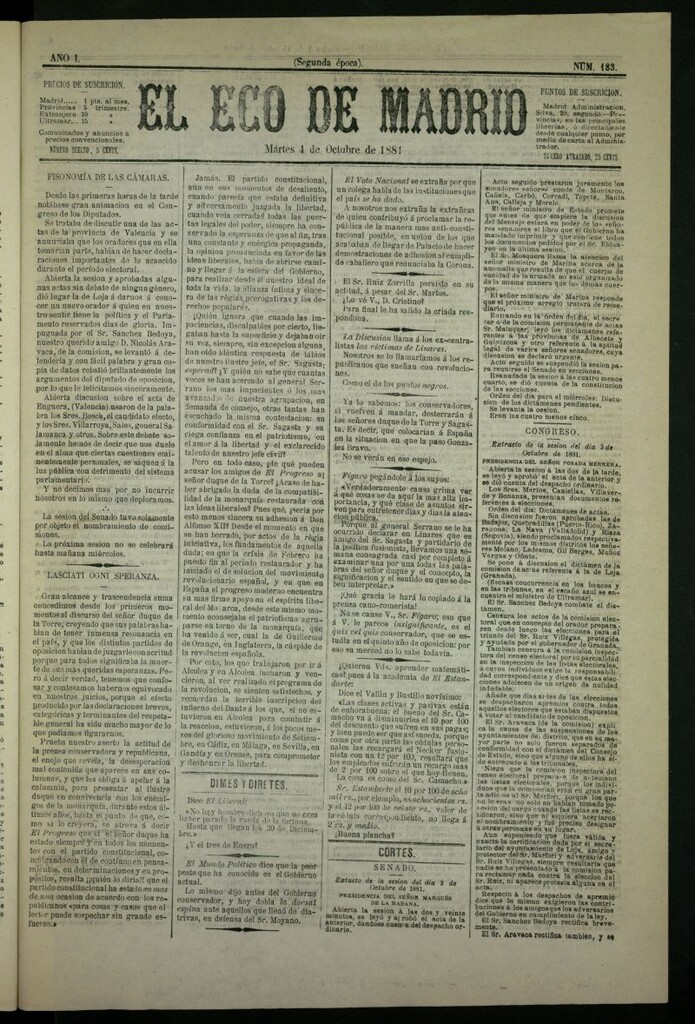 Miniatura de El Eco de Madrid : diario político de la tarde del 4 de octubre de 1881, nº 183