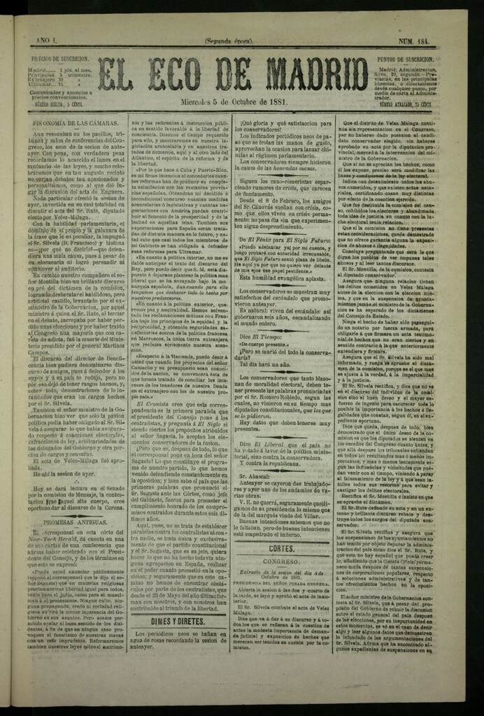 Miniatura de El Eco de Madrid : diario político de la tarde del 5 de octubre de 1881, nº 184