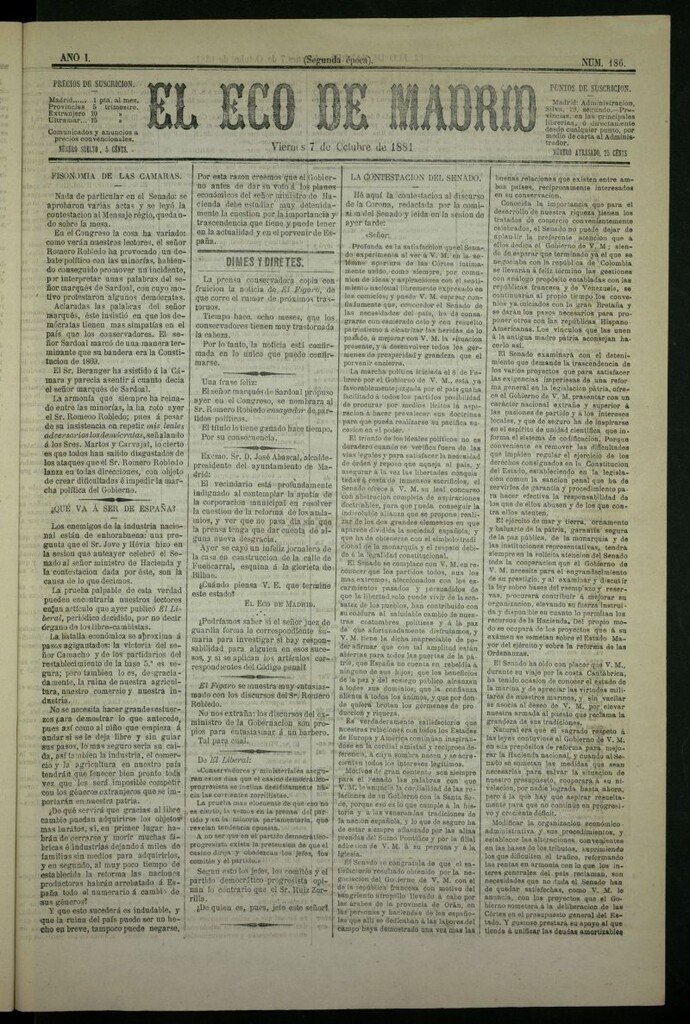 Miniatura de El Eco de Madrid : diario político de la tarde del 7 de octubre de 1881, nº 186
